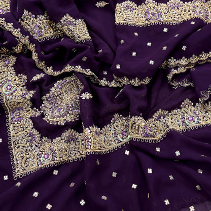 Indian Vintage Heavy Purple Dupatta Georgette Long Stole Hand Embroidered Scarf Zari Zardozi Wedding/Bridal Veil Hijab