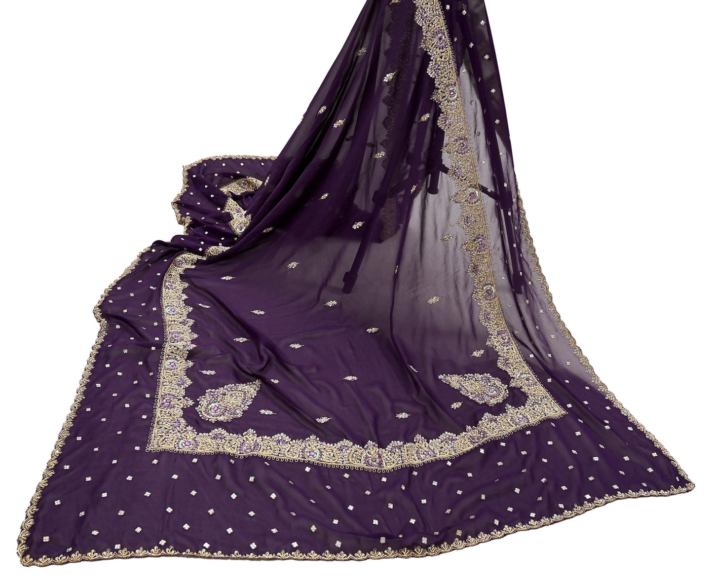 Indian Vintage Heavy Purple Dupatta Georgette Long Stole Hand Embroidered Scarf Zari Zardozi Wedding/Bridal Veil Hijab