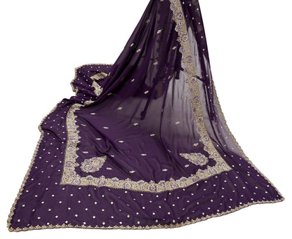 Indian Vintage Heavy Purple Dupatta Georgette Long Stole Hand Embroidered Scarf Zari Zardozi Wedding/Bridal Veil Hijab