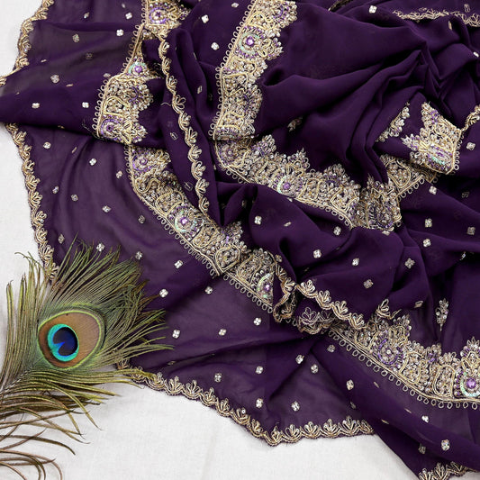 Indian Vintage Heavy Purple Dupatta Georgette Long Stole Hand Embroidered Scarf Zari Zardozi Wedding/Bridal Veil Hijab