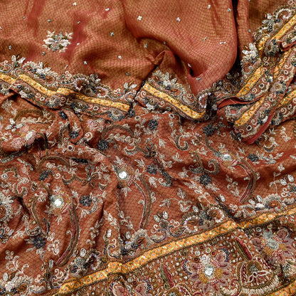 Indian Vintage Heavy Bridal Maroon Dupatta Pure Georgette Silk Long Stole Hand Embroidered Scarf Zardozi/Dabka Wedding red Hijab veil