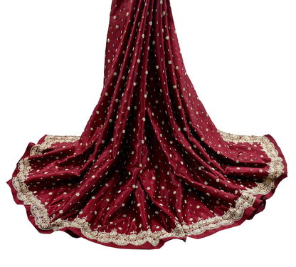 Indian Vintage Heavy Wedding Maroon Dupatta Pure Satin Silk Long Stole Hand Embroidered Scarves Golden Zardozi Bridal Veil
