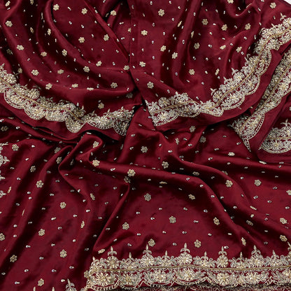 Indian Vintage Heavy Wedding Maroon Dupatta Pure Satin Silk Long Stole Hand Embroidered Scarves Golden Zardozi Bridal Veil