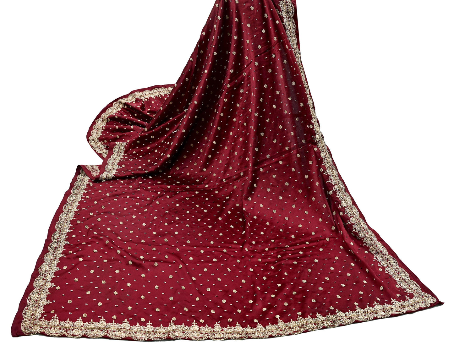 Indian Vintage Heavy Wedding Maroon Dupatta Pure Satin Silk Long Stole Hand Embroidered Scarves Golden Zardozi Bridal Veil