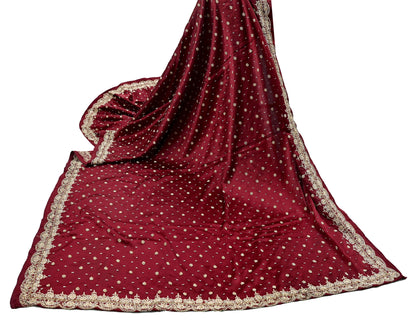 Indian Vintage Heavy Wedding Maroon Dupatta Pure Satin Silk Long Stole Hand Embroidered Scarves Golden Zardozi Bridal Veil