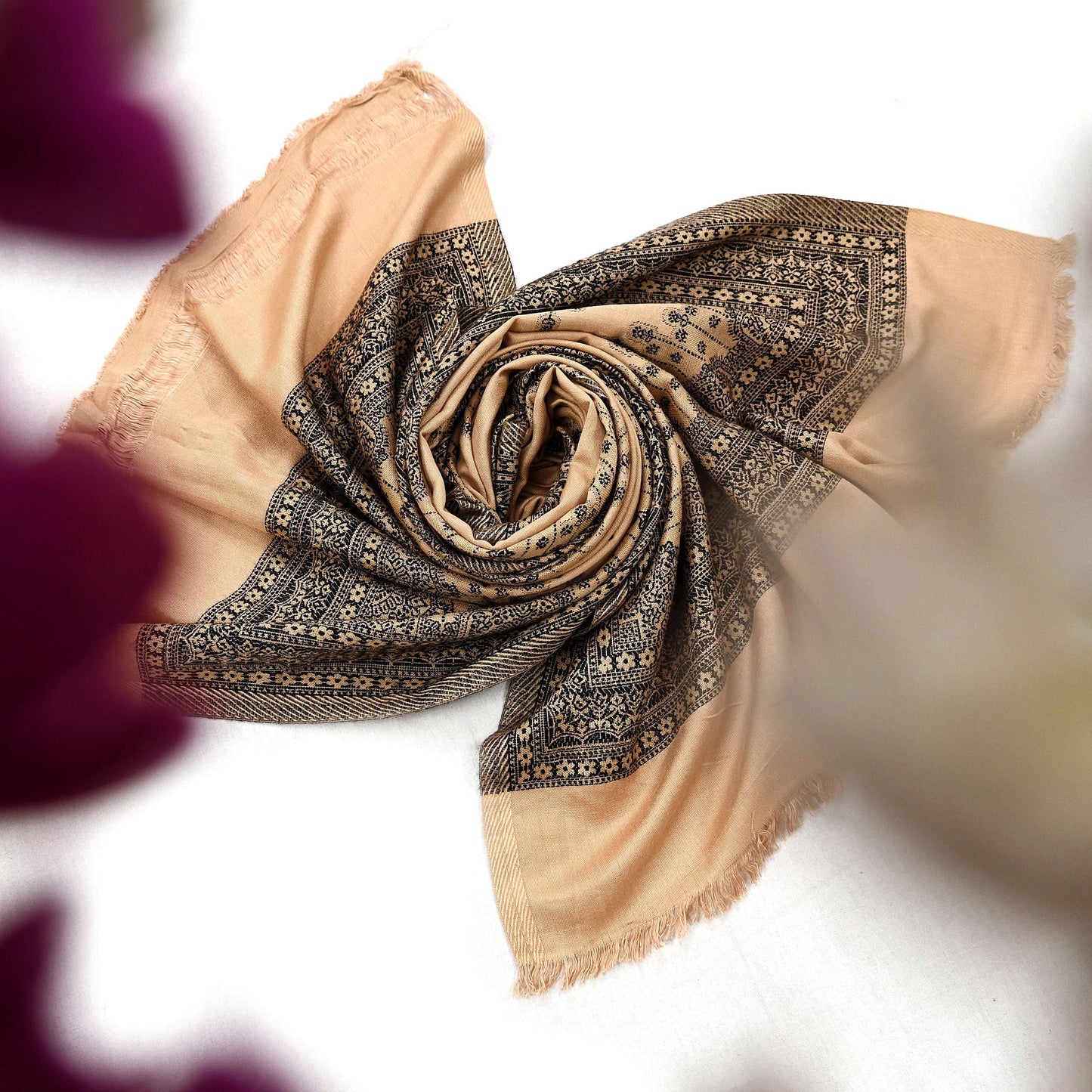 Vintage Stole Beige Viscose Handmade Woven Long Throw Warm Stole Floral Design Fringes