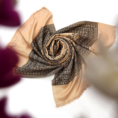 Vintage Stole Beige Viscose Handmade Woven Long Throw Warm Stole Floral Design Fringes