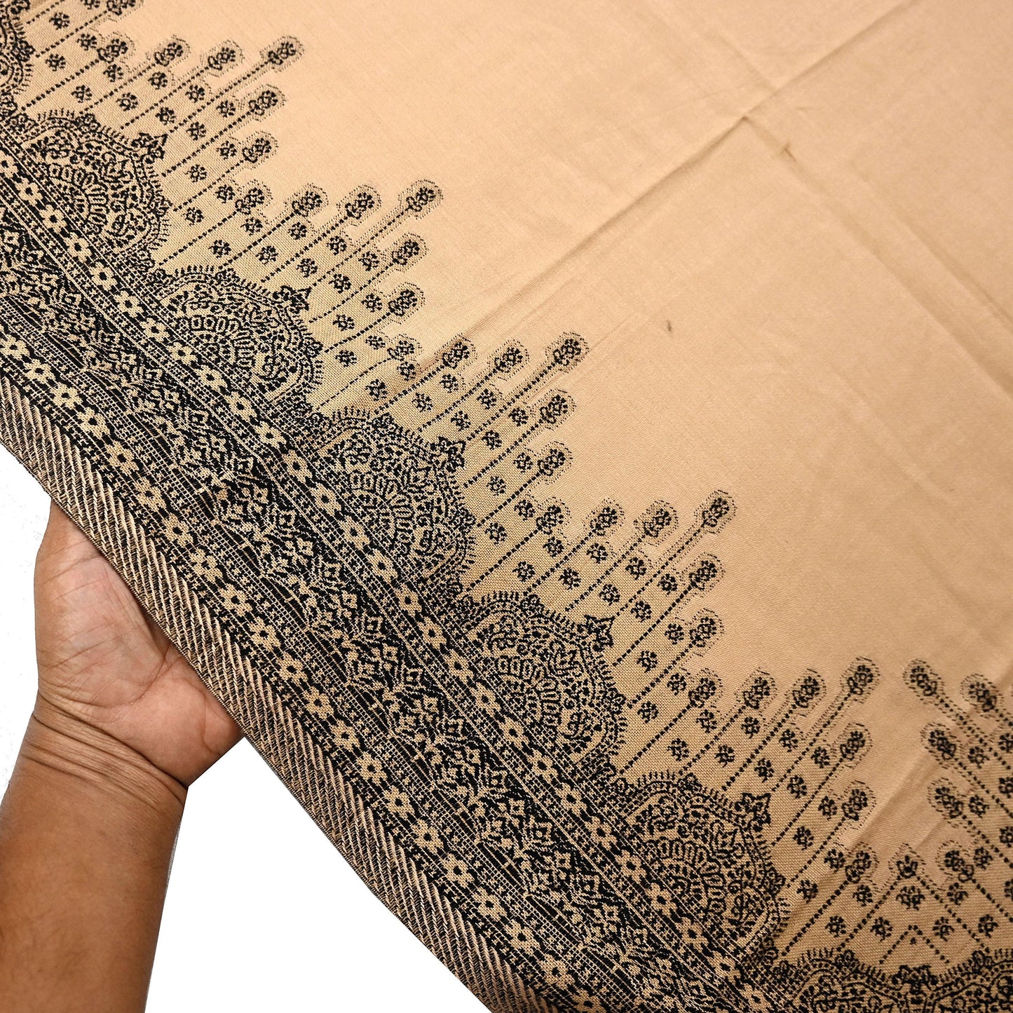 Vintage Stole Beige Viscose Handmade Woven Long Throw Warm Stole Floral Design Fringes