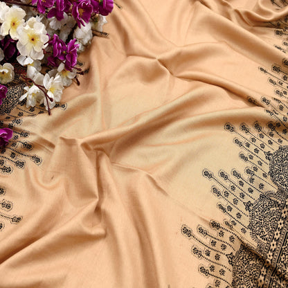 Vintage Stole Beige Viscose Handmade Woven Long Throw Warm Stole Floral Design Fringes