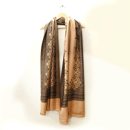 Vintage Stole Beige Viscose Handmade Woven Long Throw Warm Stole Floral Design Fringes