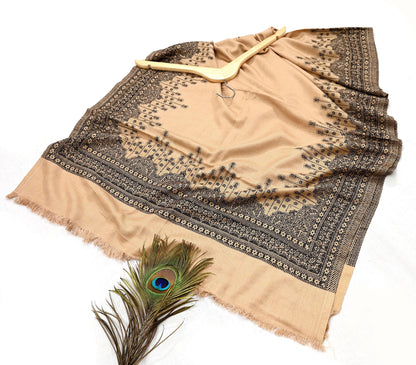 Vintage Stole Beige Viscose Handmade Woven Long Throw Warm Stole Floral Design Fringes