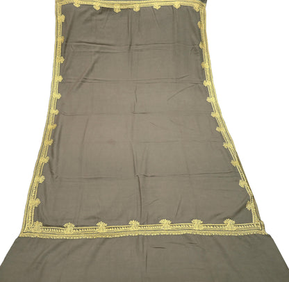 Vintage Gray Shawl Pure Woolen Hand Embroidered Golden Zari Long Throw Stole Warm Stole Floral Design Soft