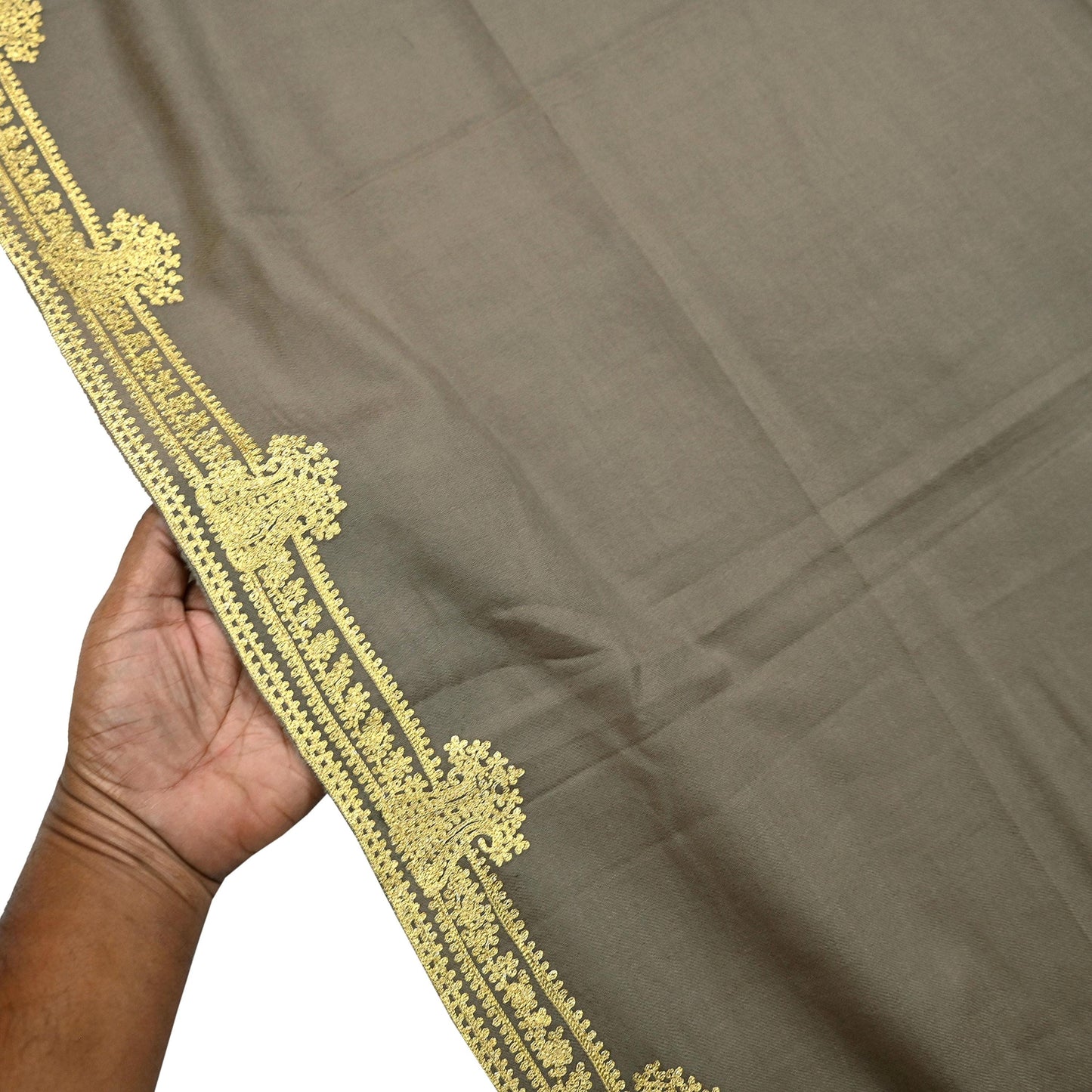 Vintage Gray Shawl Pure Woolen Hand Embroidered Golden Zari Long Throw Stole Warm Stole Floral Design Soft