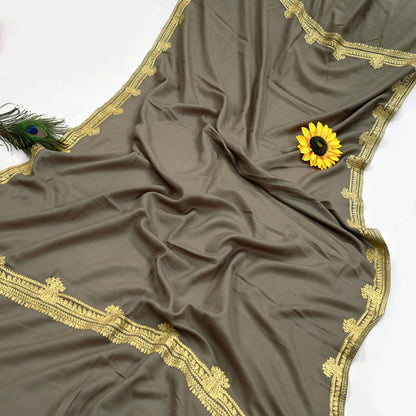 Vintage Gray Shawl Pure Woolen Hand Embroidered Golden Zari Long Throw Stole Warm Stole Floral Design Soft