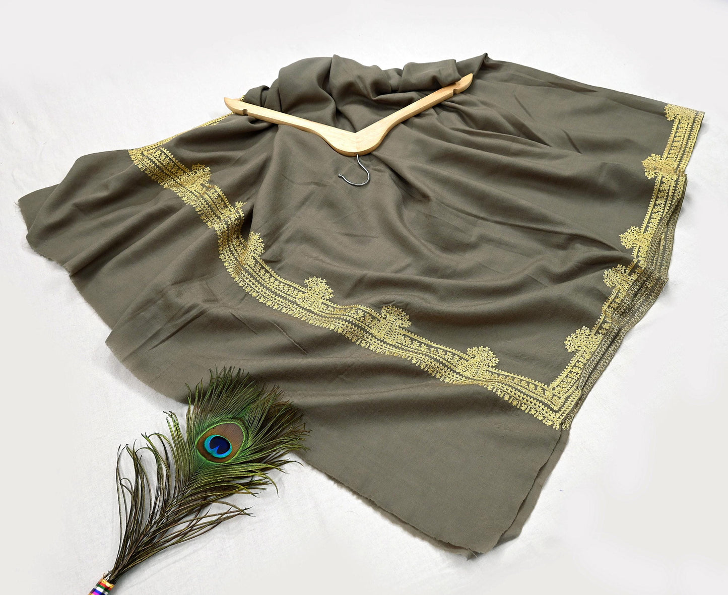 Vintage Gray Shawl Pure Woolen Hand Embroidered Golden Zari Long Throw Stole Warm Stole Floral Design Soft