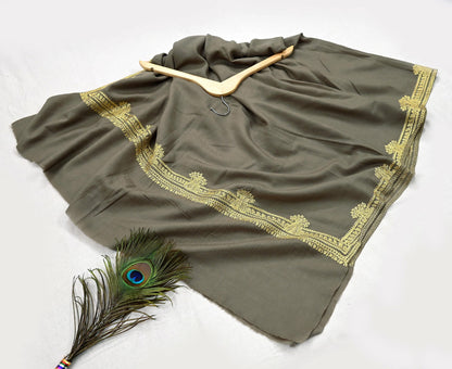 Vintage Gray Shawl Pure Woolen Hand Embroidered Golden Zari Long Throw Stole Warm Stole Floral Design Soft