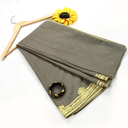 Vintage Gray Shawl Pure Woolen Hand Embroidered Golden Zari Long Throw Stole Warm Stole Floral Design Soft