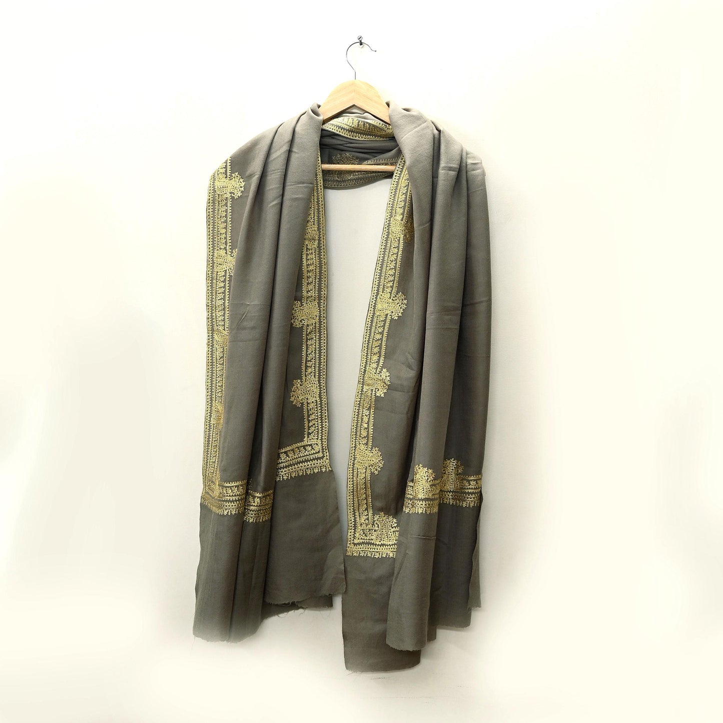 Vintage Gray Shawl Pure Woolen Hand Embroidered Golden Zari Long Throw Stole Warm Stole Floral Design Soft