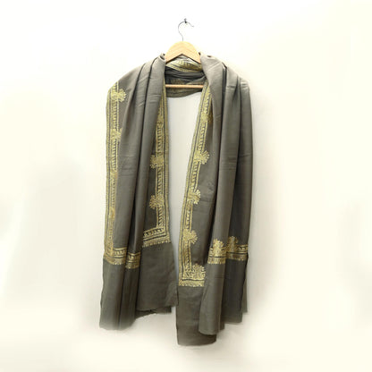 Vintage Gray Shawl Pure Woolen Hand Embroidered Golden Zari Long Throw Stole Warm Stole Floral Design Soft