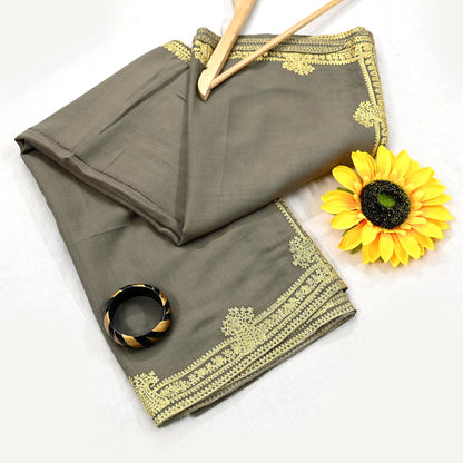 Vintage Gray Shawl Pure Woolen Hand Embroidered Golden Zari Long Throw Stole Warm Stole Floral Design Soft