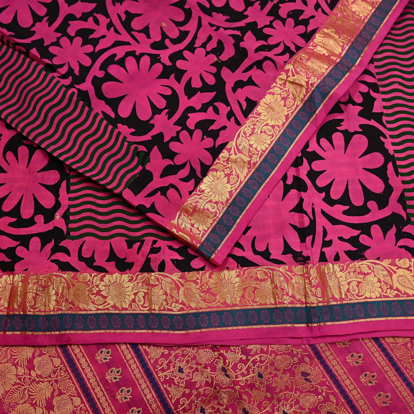 Indian Vintage Heavy Saree Pink & Black Hand Woven Kanjivaram 100% Pure Silk Sari Fabric 5Yard Ethnic Zari