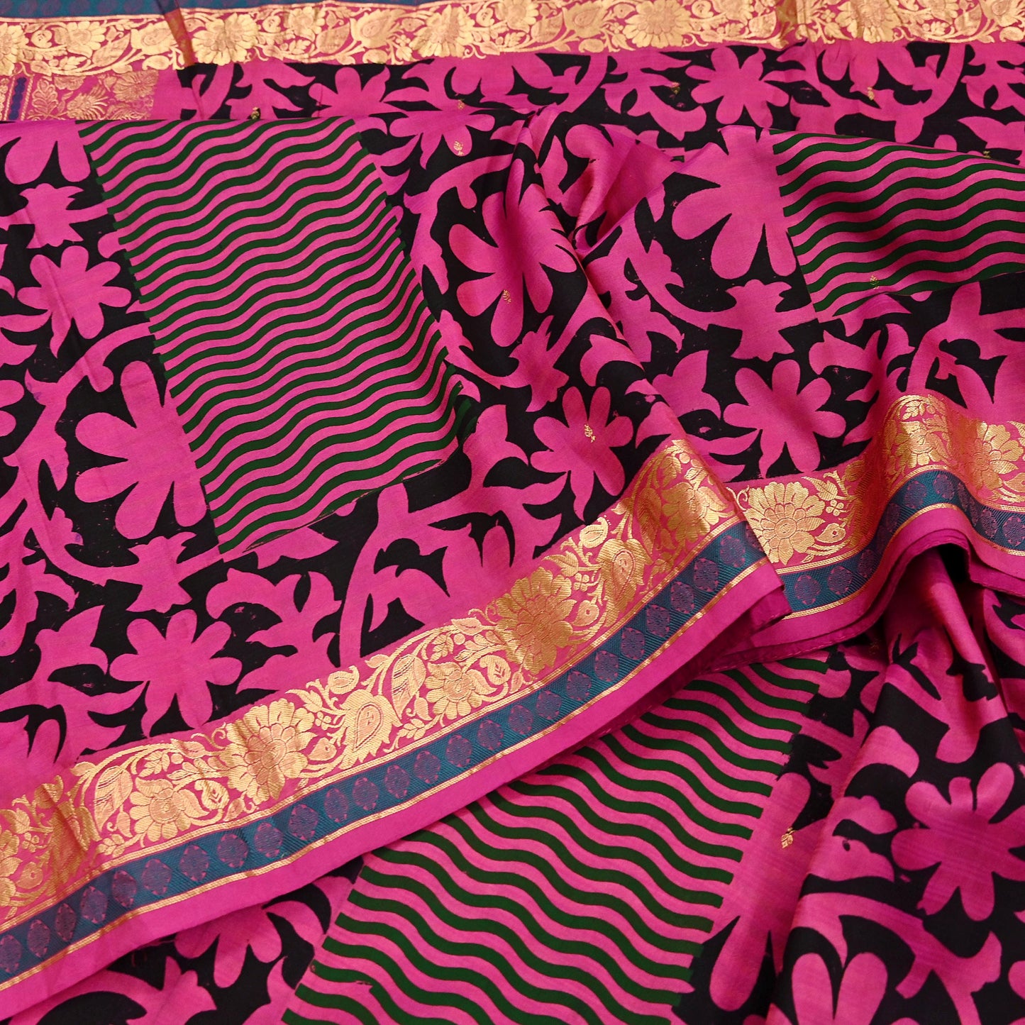 Indian Vintage Heavy Saree Pink & Black Hand Woven Kanjivaram 100% Pure Silk Sari Fabric 5Yard Ethnic Zari