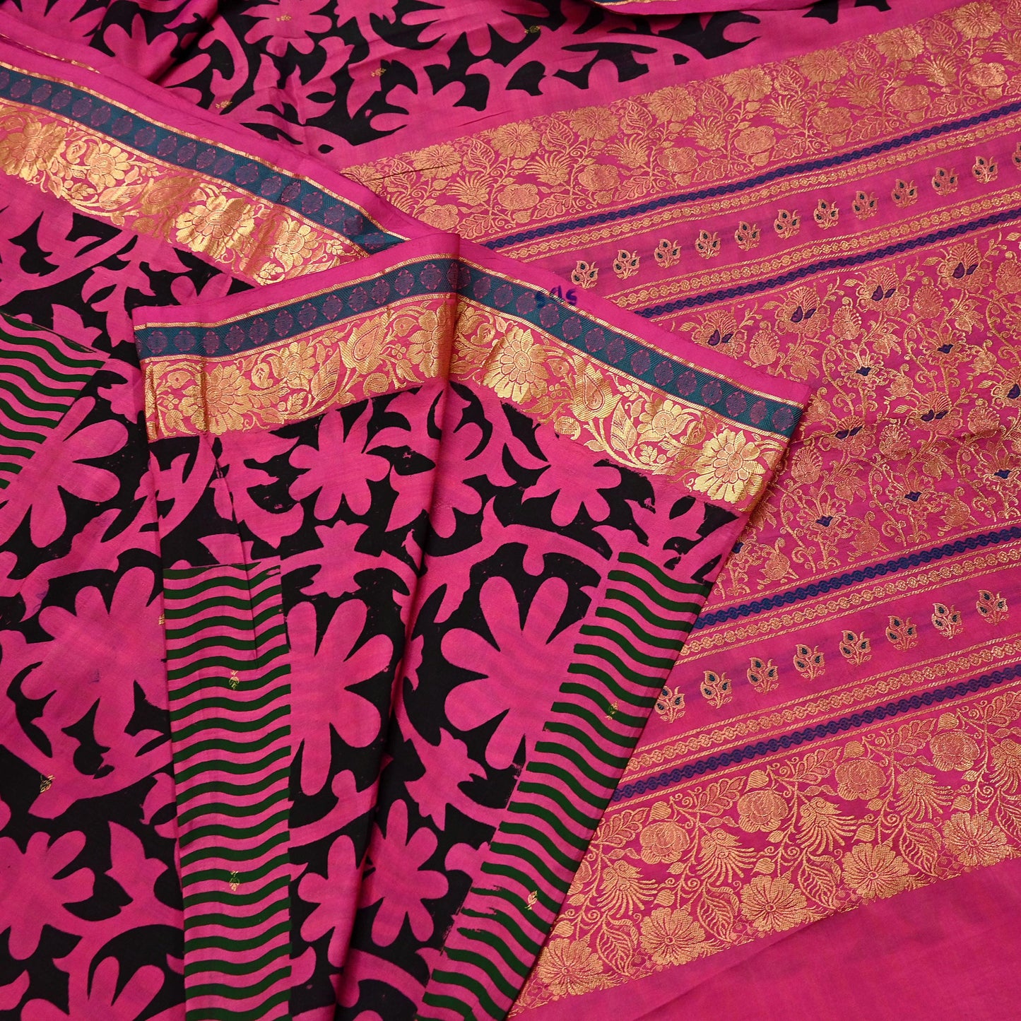 Indian Vintage Heavy Saree Pink & Black Hand Woven Kanjivaram 100% Pure Silk Sari Fabric 5Yard Ethnic Zari