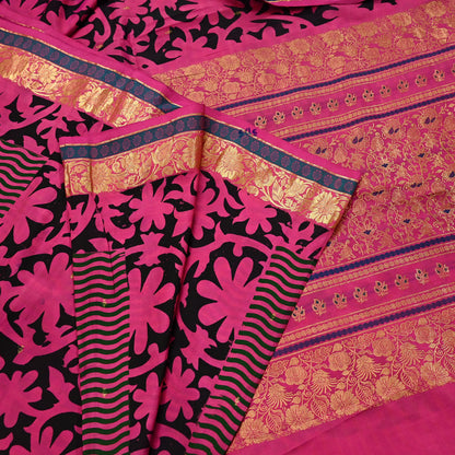 Indian Vintage Heavy Saree Pink & Black Hand Woven Kanjivaram 100% Pure Silk Sari Fabric 5Yard Ethnic Zari