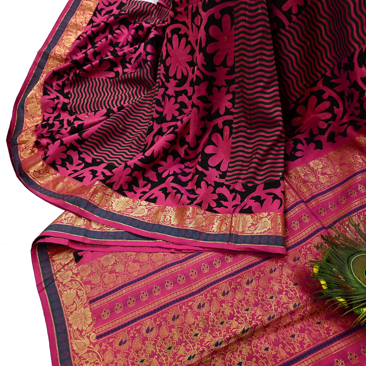 Indian Vintage Heavy Saree Pink & Black Hand Woven Kanjivaram 100% Pure Silk Sari Fabric 5Yard Ethnic Zari
