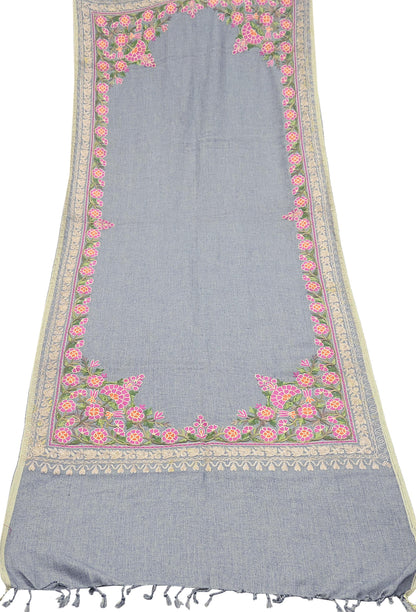 Vintage Stole Gray Viscose Handmade Ari work Long Throw Warm Stole Floral Design Fringes