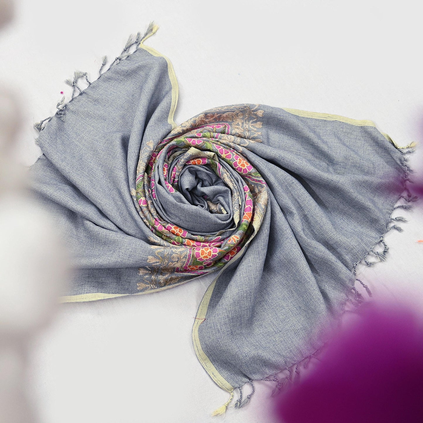 Vintage Stole Gray Viscose Handmade Ari work Long Throw Warm Stole Floral Design Fringes