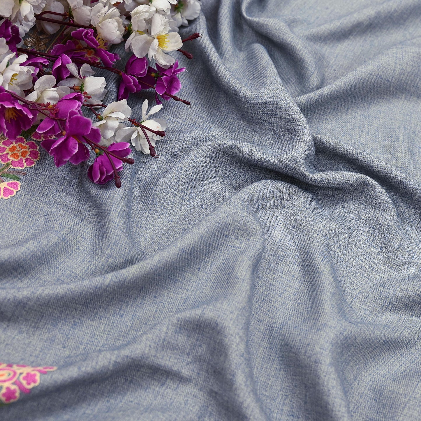 Vintage Stole Gray Viscose Handmade Ari work Long Throw Warm Stole Floral Design Fringes