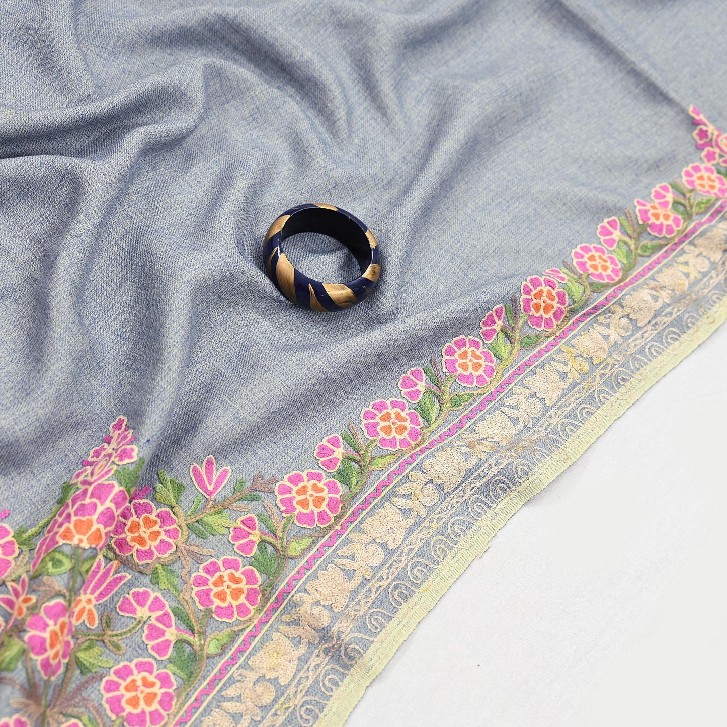 Vintage Stole Gray Viscose Handmade Ari work Long Throw Warm Stole Floral Design Fringes