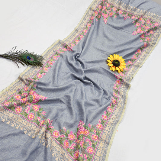 Vintage Stole Gray Viscose Handmade Ari work Long Throw Warm Stole Floral Design Fringes