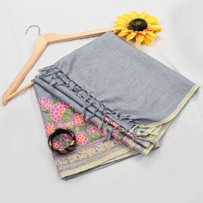 Vintage Stole Gray Viscose Handmade Ari work Long Throw Warm Stole Floral Design Fringes