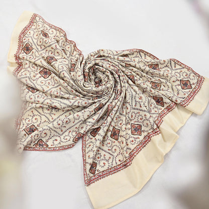Indian Vintage Ivory Shawl Pure Woolen Handmade Suzani Long Throw Stole Warm Stole Paisley Design Soft Soft Cozy