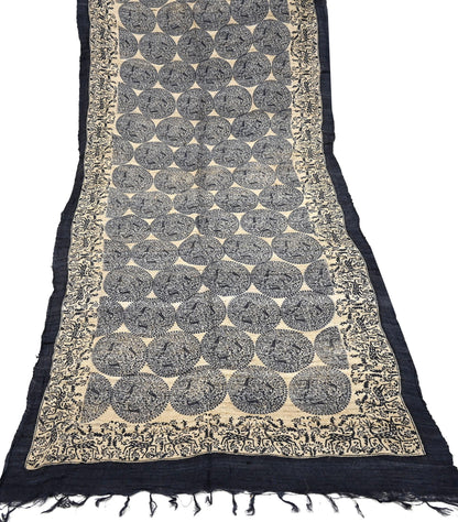 Indian Vintage Beige & Black Dupatta Long Stole 100% Pure Khadi Silk Hand Woven/ Printed Scarves Veil Scarf Wrap Hippie Fringes