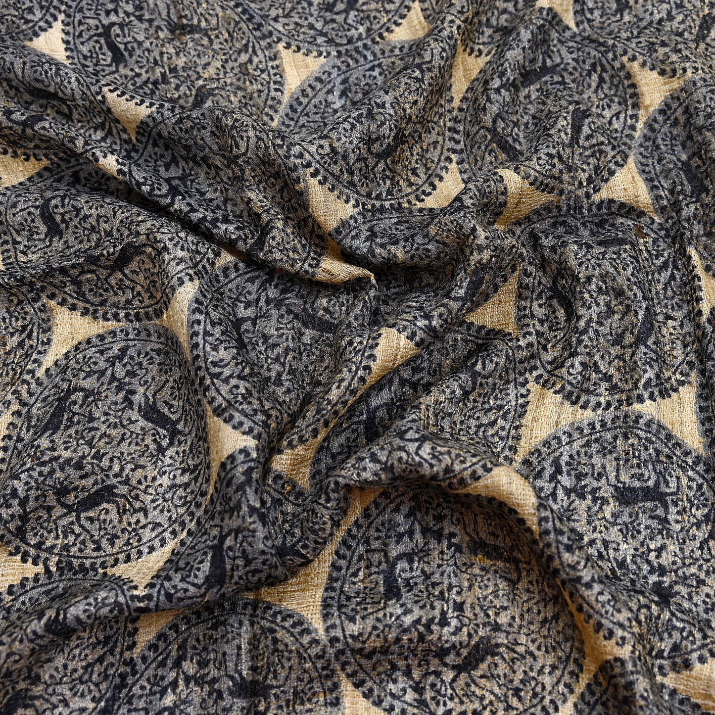 Indian Vintage Beige & Black Dupatta Long Stole 100% Pure Khadi Silk Hand Woven/ Printed Scarves Veil Scarf Wrap Hippie Fringes