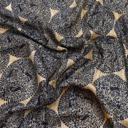 Indian Vintage Beige & Black Dupatta Long Stole 100% Pure Khadi Silk Hand Woven/ Printed Scarves Veil Scarf Wrap Hippie Fringes