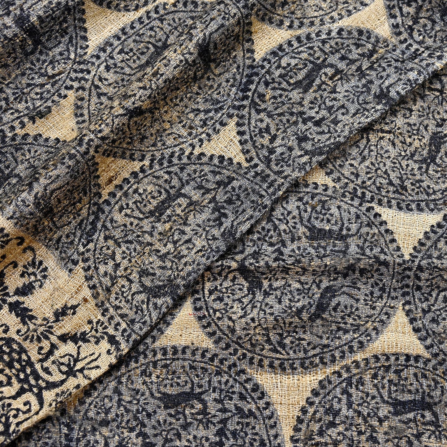 Indian Vintage Beige & Black Dupatta Long Stole 100% Pure Khadi Silk Hand Woven/ Printed Scarves Veil Scarf Wrap Hippie Fringes