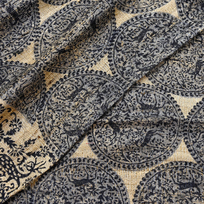 Indian Vintage Beige & Black Dupatta Long Stole 100% Pure Khadi Silk Hand Woven/ Printed Scarves Veil Scarf Wrap Hippie Fringes