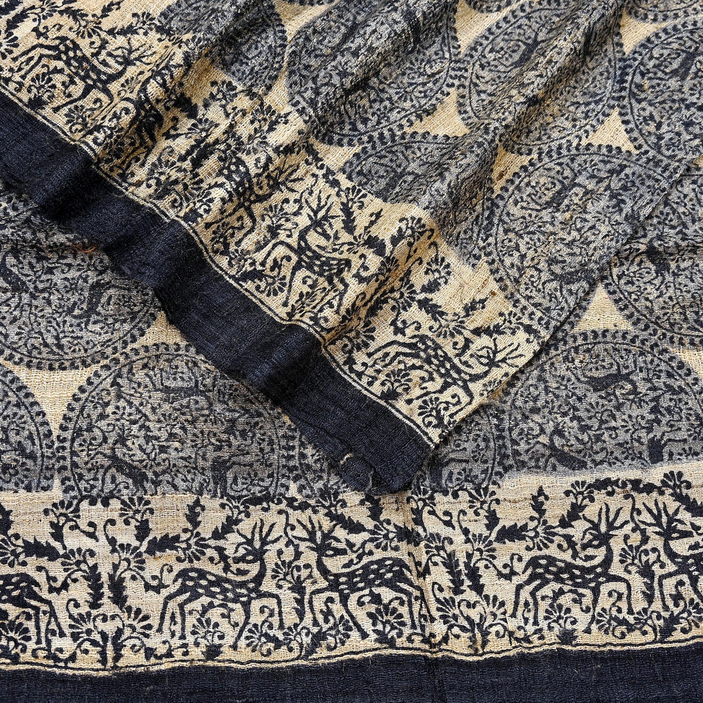 Indian Vintage Beige & Black Dupatta Long Stole 100% Pure Khadi Silk Hand Woven/ Printed Scarves Veil Scarf Wrap Hippie Fringes