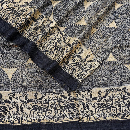 Indian Vintage Beige & Black Dupatta Long Stole 100% Pure Khadi Silk Hand Woven/ Printed Scarves Veil Scarf Wrap Hippie Fringes