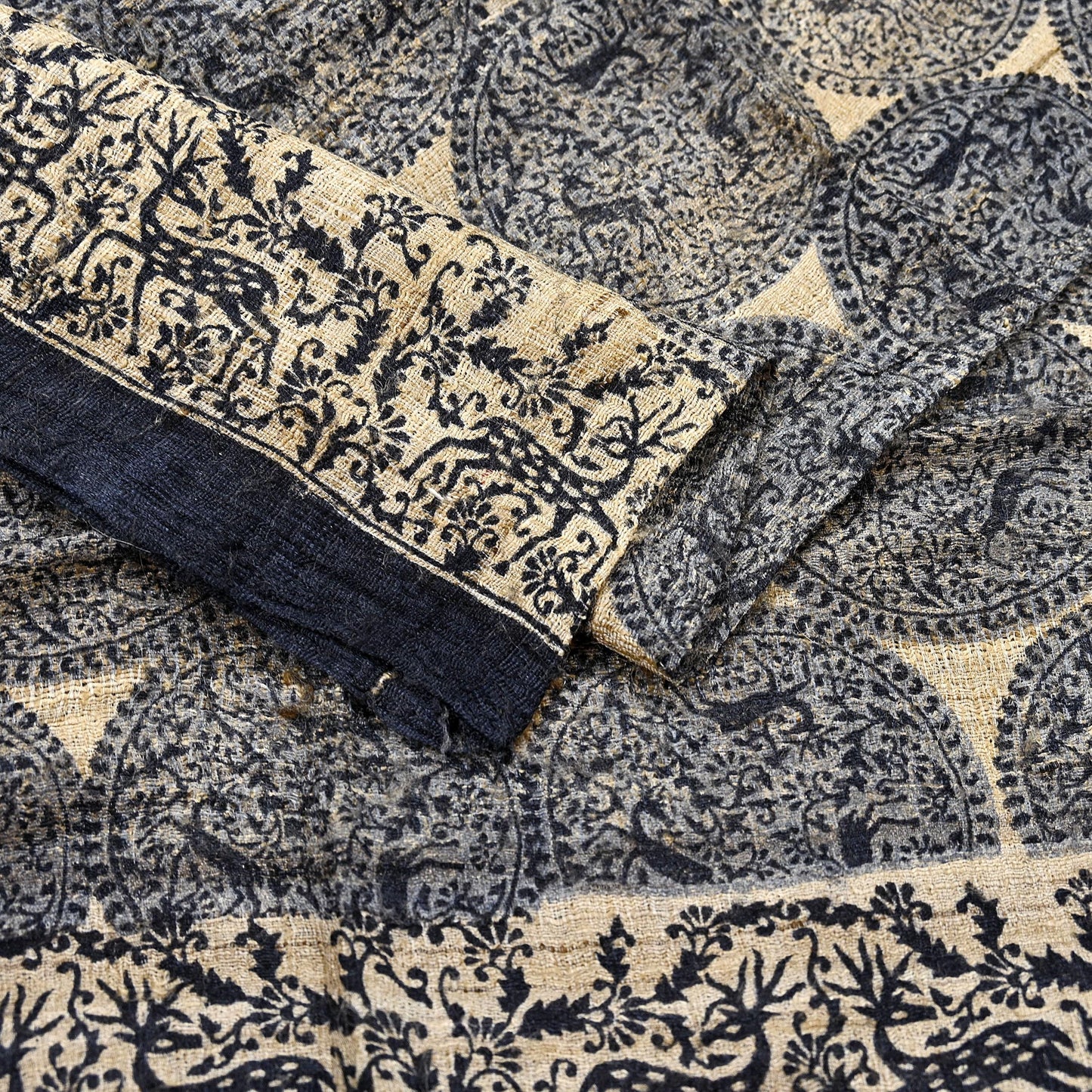 Indian Vintage Beige & Black Dupatta Long Stole 100% Pure Khadi Silk Hand Woven/ Printed Scarves Veil Scarf Wrap Hippie Fringes