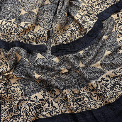 Indian Vintage Beige & Black Dupatta Long Stole 100% Pure Khadi Silk Hand Woven/ Printed Scarves Veil Scarf Wrap Hippie Fringes