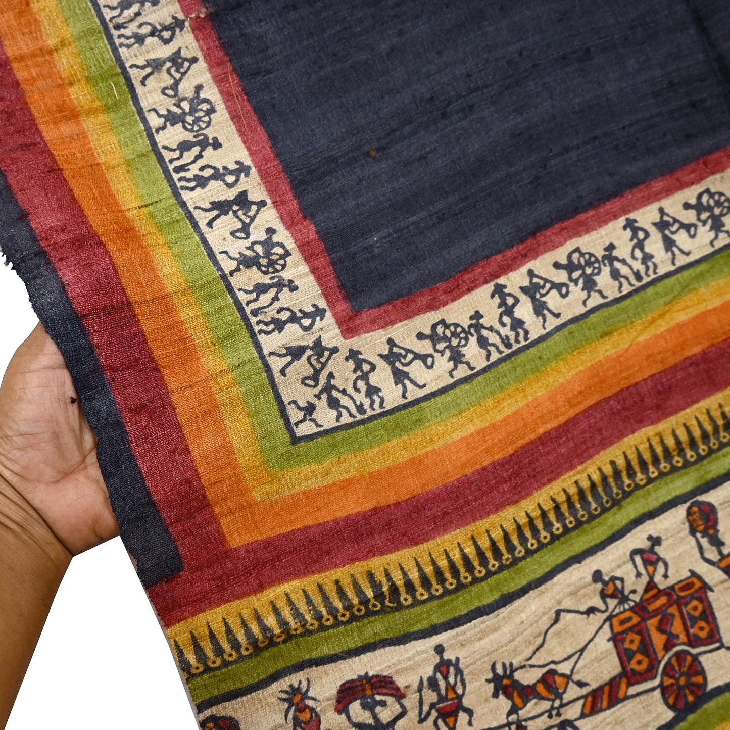 Indian Vintage Beige Dupatta Long Stole 100% Pure Khadi Silk Handloom warli Print Scarves Veil Scarf Wrap Hippie Fringes