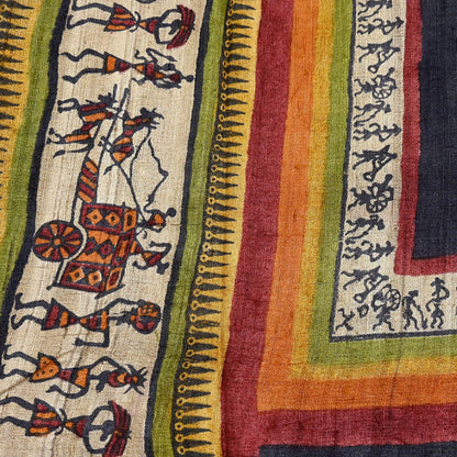 Indian Vintage Beige Dupatta Long Stole 100% Pure Khadi Silk Handloom warli Print Scarves Veil Scarf Wrap Hippie Fringes