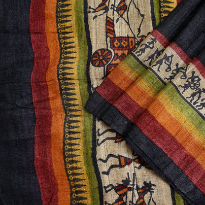 Indian Vintage Beige Dupatta Long Stole 100% Pure Khadi Silk Handloom warli Print Scarves Veil Scarf Wrap Hippie Fringes