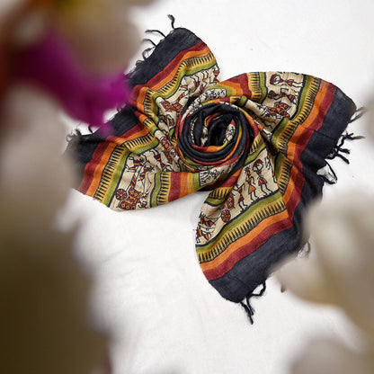 Indian Vintage Beige Dupatta Long Stole 100% Pure Khadi Silk Handloom warli Print Scarves Veil Scarf Wrap Hippie Fringes