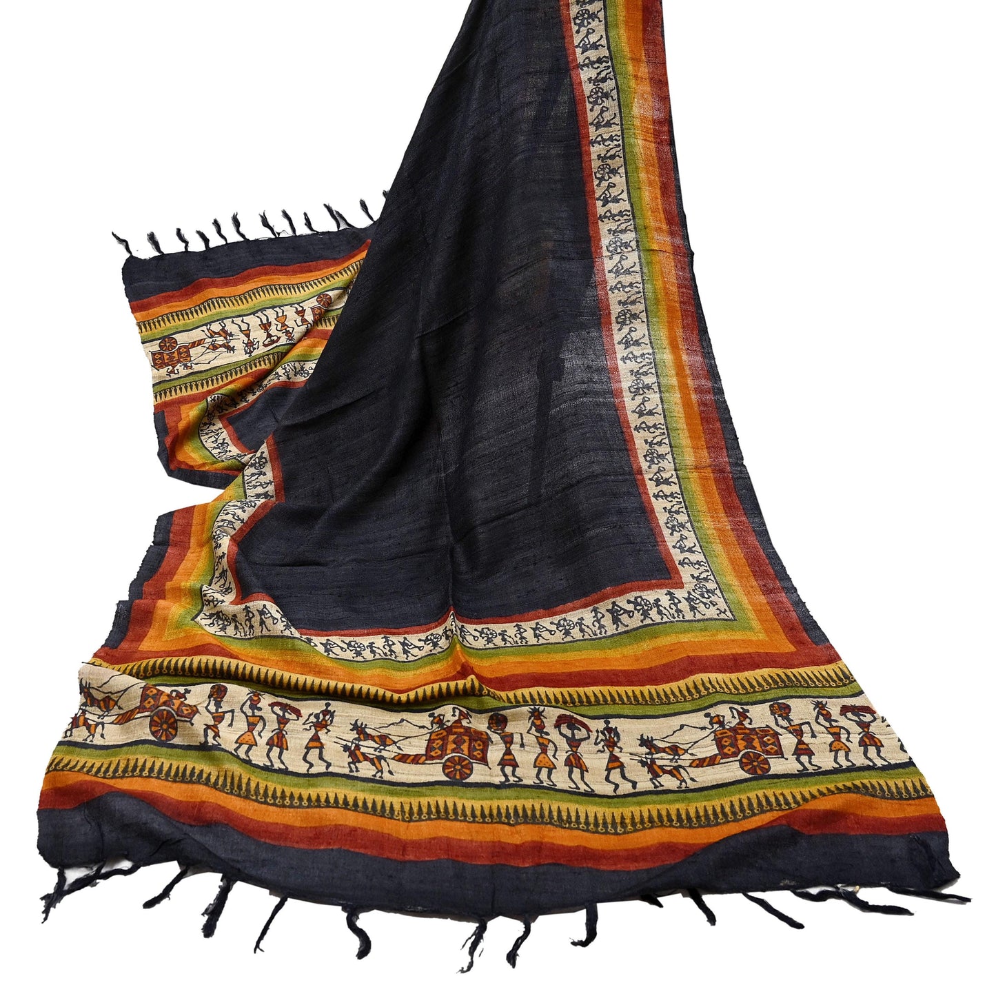 Indian Vintage Beige Dupatta Long Stole 100% Pure Khadi Silk Handloom warli Print Scarves Veil Scarf Wrap Hippie Fringes